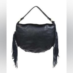 PATRICIA NASH Navy Blue Leather Fringe Shoulder Bag
